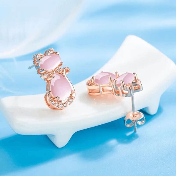 Diamond Pink Opal Cat Stud Earrings - Picture 4 of 6